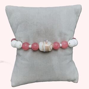 Handmade Wedding Cake Lampwork Bracelet Beaded Pink Jade White Lava Diffuser NEW